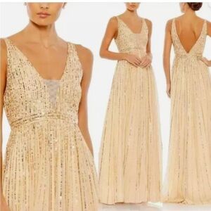 Mac Duggal A-line Sequin Plunge Neck Gown in Gold Sunset Wedding Prom Size 2